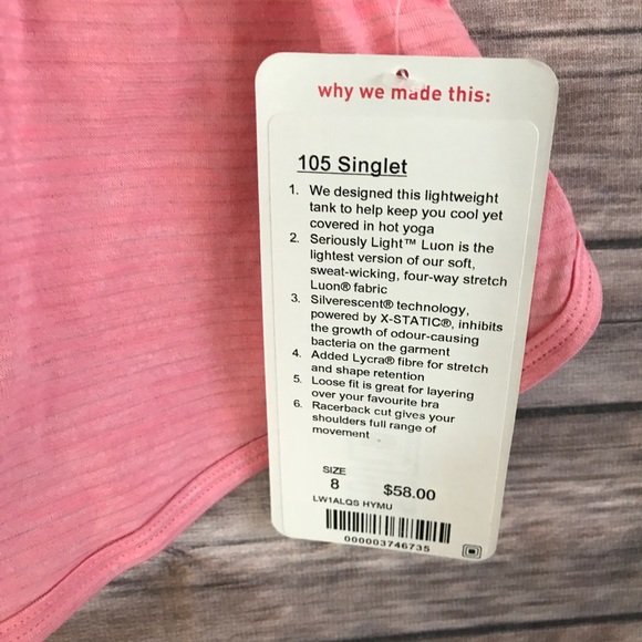 NWT HYMU CORAL LULULEMON 105 SINGLET TANK - - - Picture 2 of 7